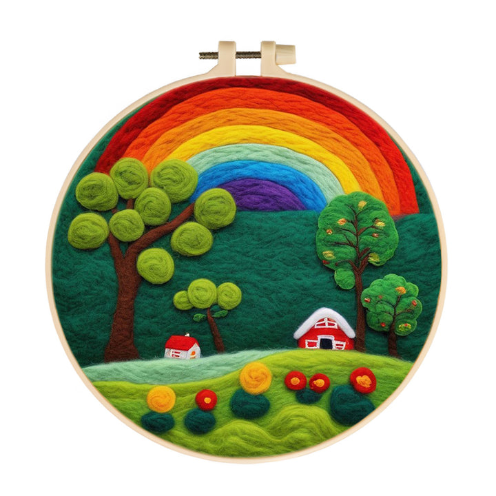 Colorful Rainbow in a Peaceful Countryside Wool Needle Felting Painting Kit