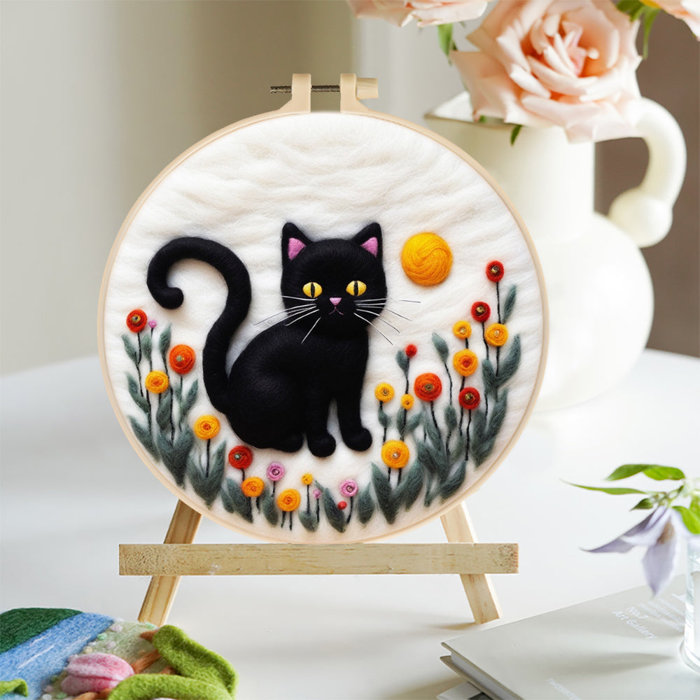 Black Cat and Colorful Tulips Wool Needle Felting Painting Kit