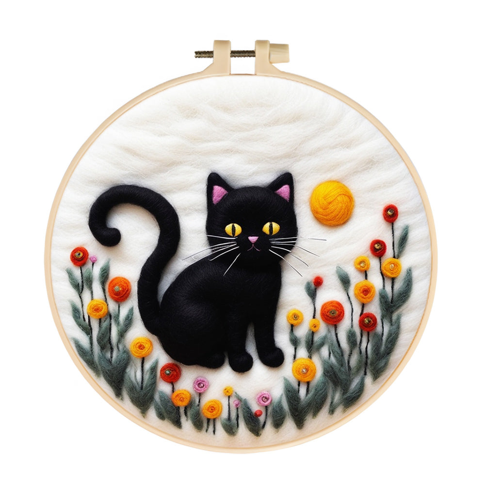 Black Cat and Colorful Tulips Wool Needle Felting Painting Kit
