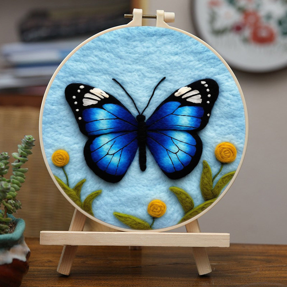 Blue Butterfly with Yellow Flowers Wool Needle Felting Painting Kit