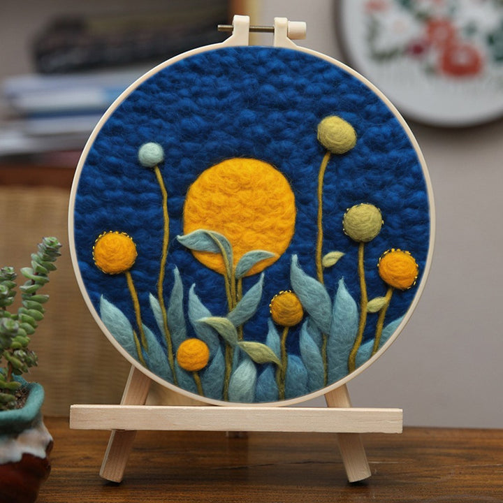 Blooming Yellow Flower with Green Leaves Wool Needle Felting Painting Kit