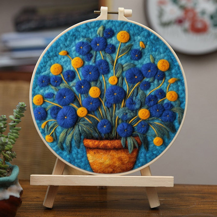 Bloom Blue Flowers with Yellow Flower Wool Needle Felting Painting Kit