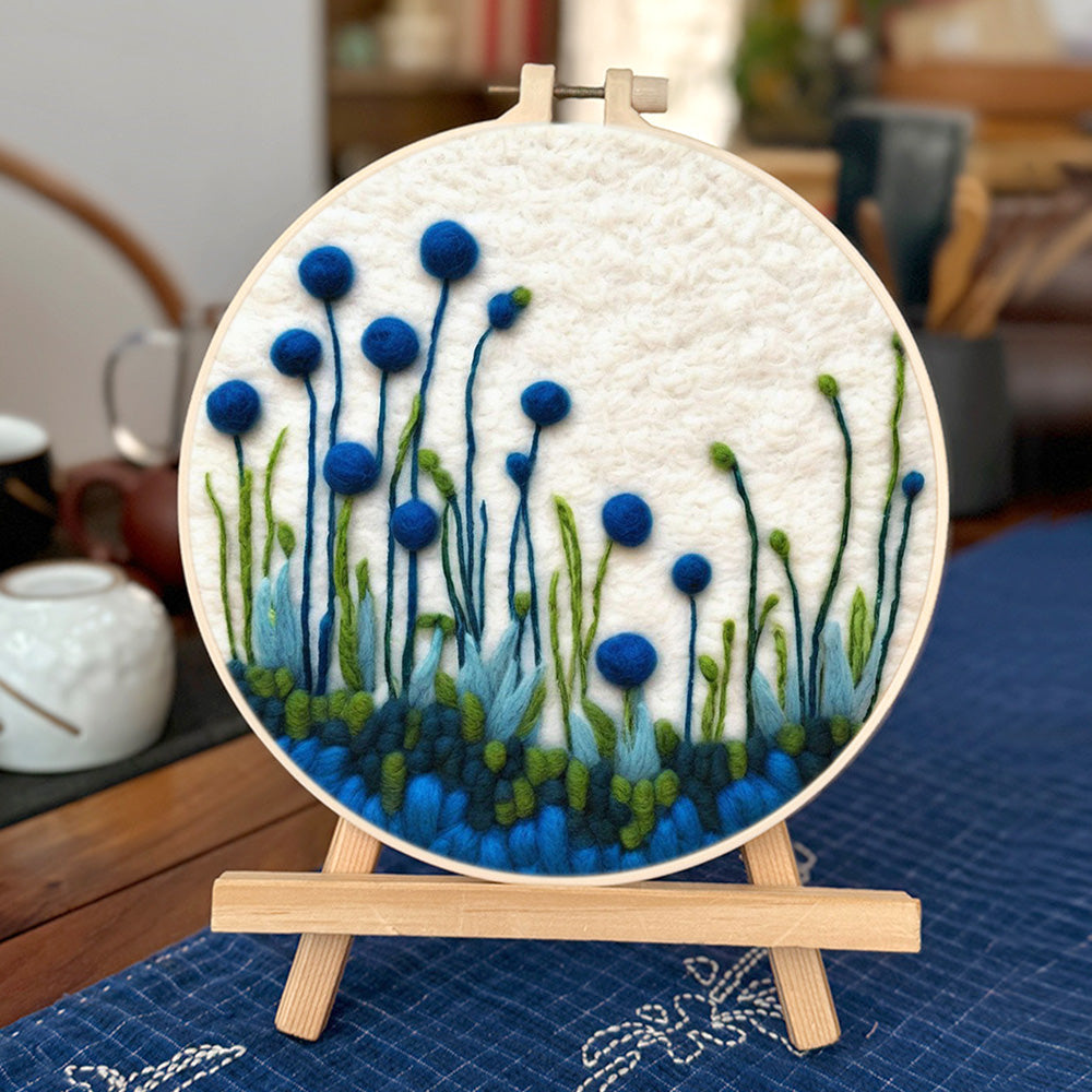 Blue Buds Growing from Grass Wool Needle Felting Painting Kit