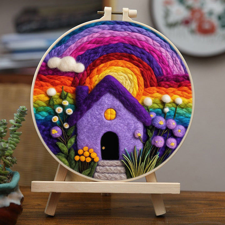 Vibrant Rainbow Arching Over House Wool Needle Felting Painting Kit
