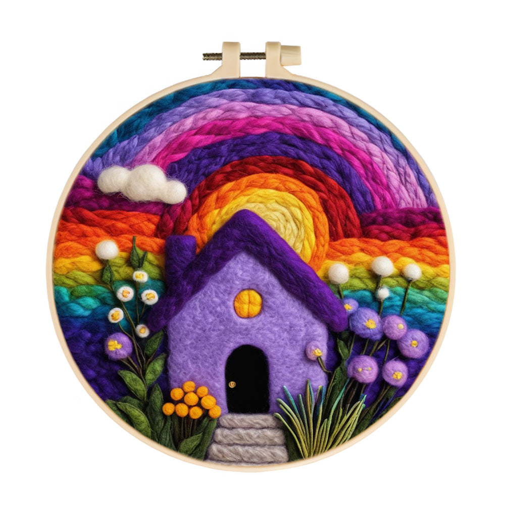 Vibrant Rainbow Arching Over House Wool Needle Felting Painting Kit