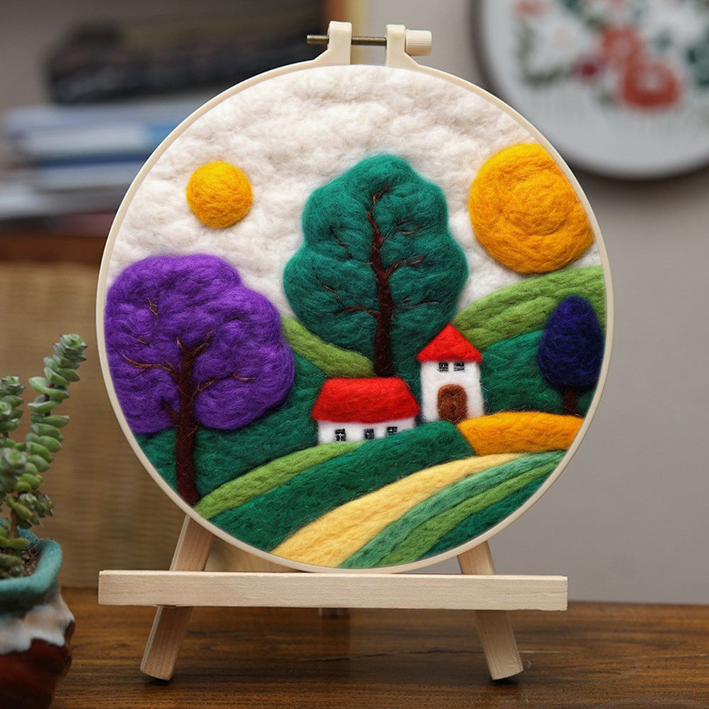 Tall Trees Standing beside Houses Wool Needle Felting Painting Kit
