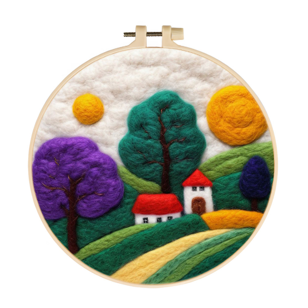 Tall Trees Standing beside Houses Wool Needle Felting Painting Kit