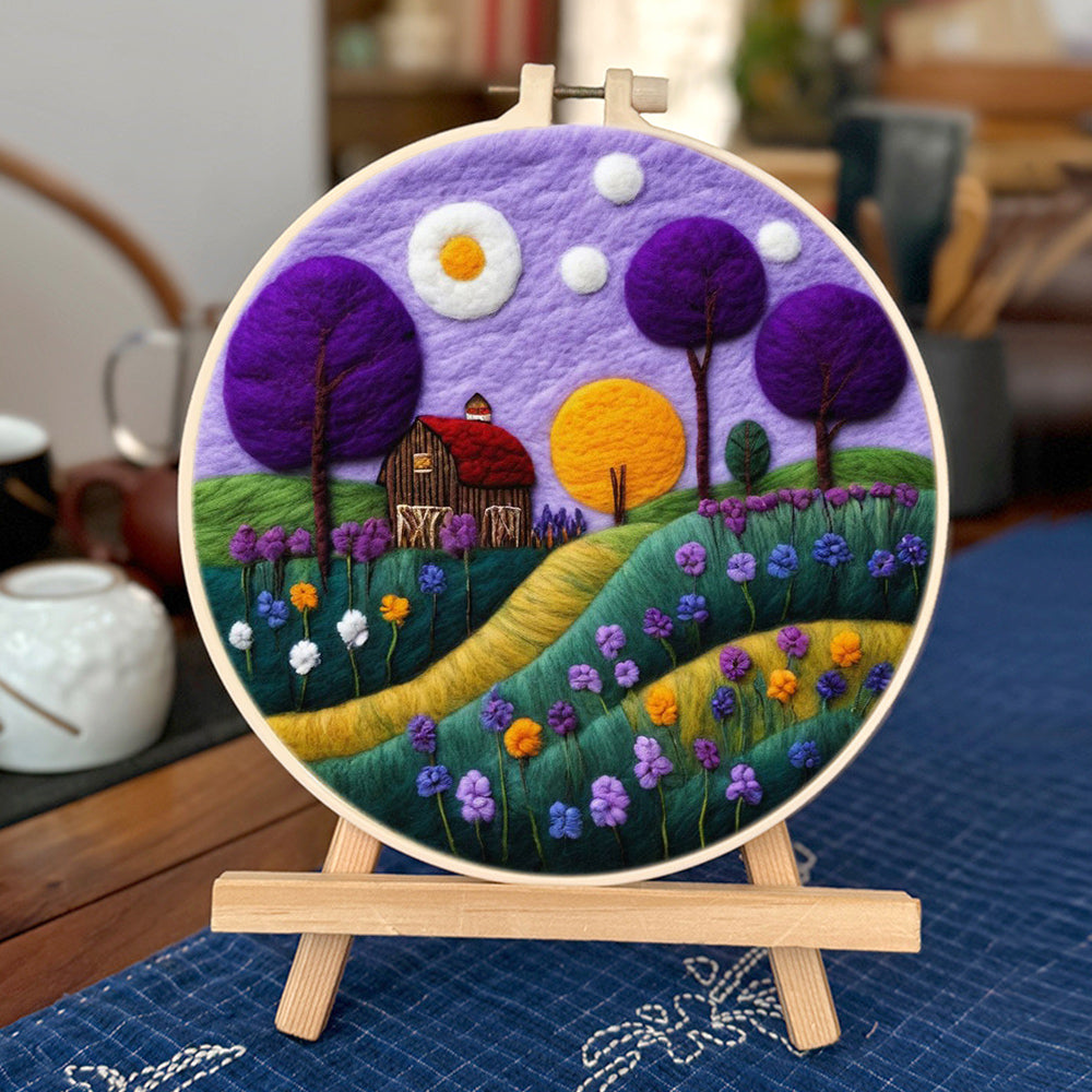 Purple Flowers and Trees on the Green Hillside Wool Needle Felting Painting Kit