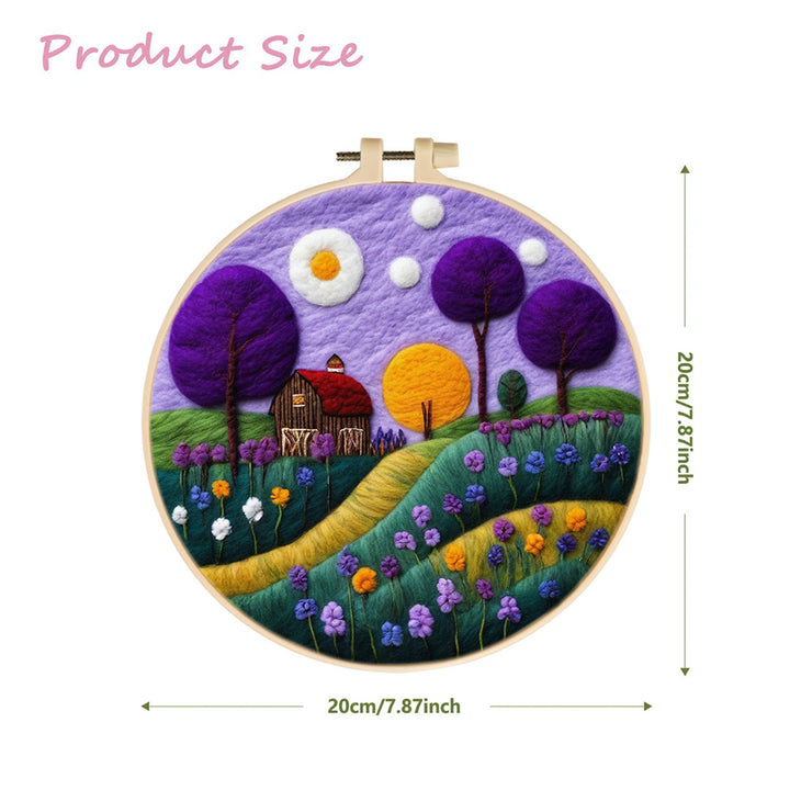 Purple Flowers and Trees on the Green Hillside Wool Needle Felting Painting Kit