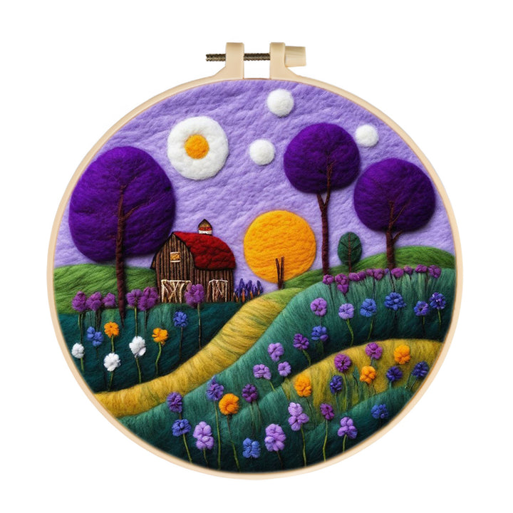 Purple Flowers and Trees on the Green Hillside Wool Needle Felting Painting Kit