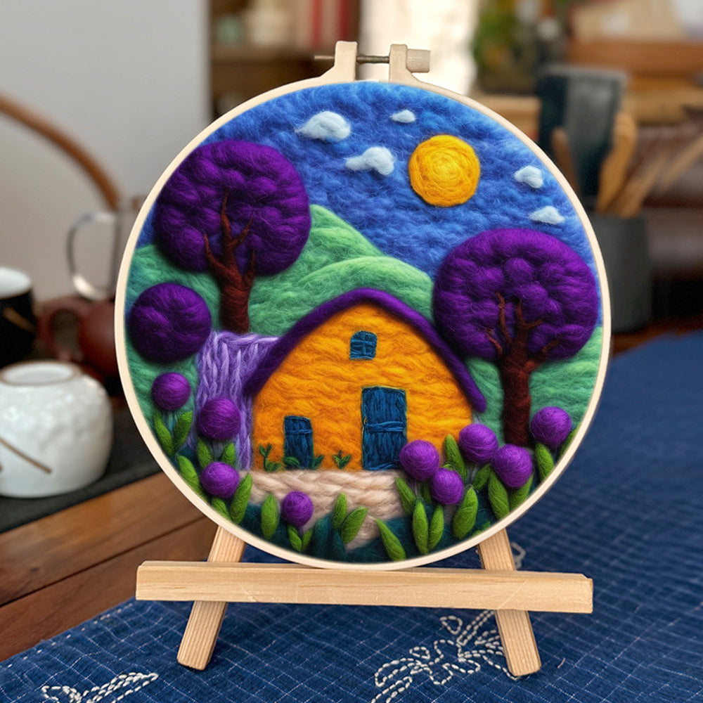 Thatched Cottage beside the Purple Flowers and Trees Wool Needle Felting Painting Kit
