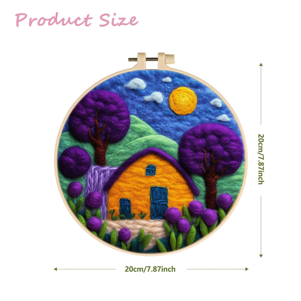 Thatched Cottage beside the Purple Flowers and Trees Wool Needle Felting Painting Kit