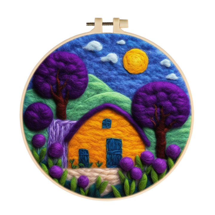 Thatched Cottage beside the Purple Flowers and Trees Wool Needle Felting Painting Kit
