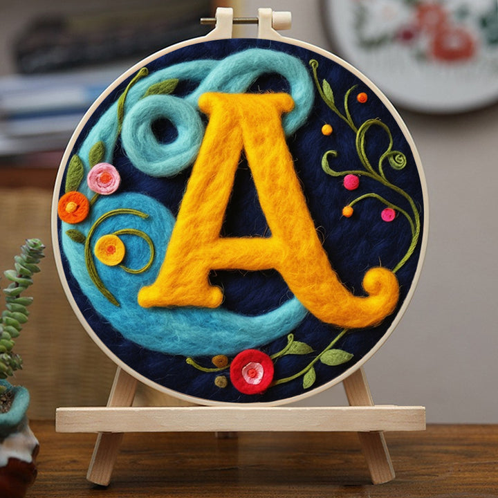 Ornamental Letter A with Curved Florals Wool Needle Felting Painting Kit