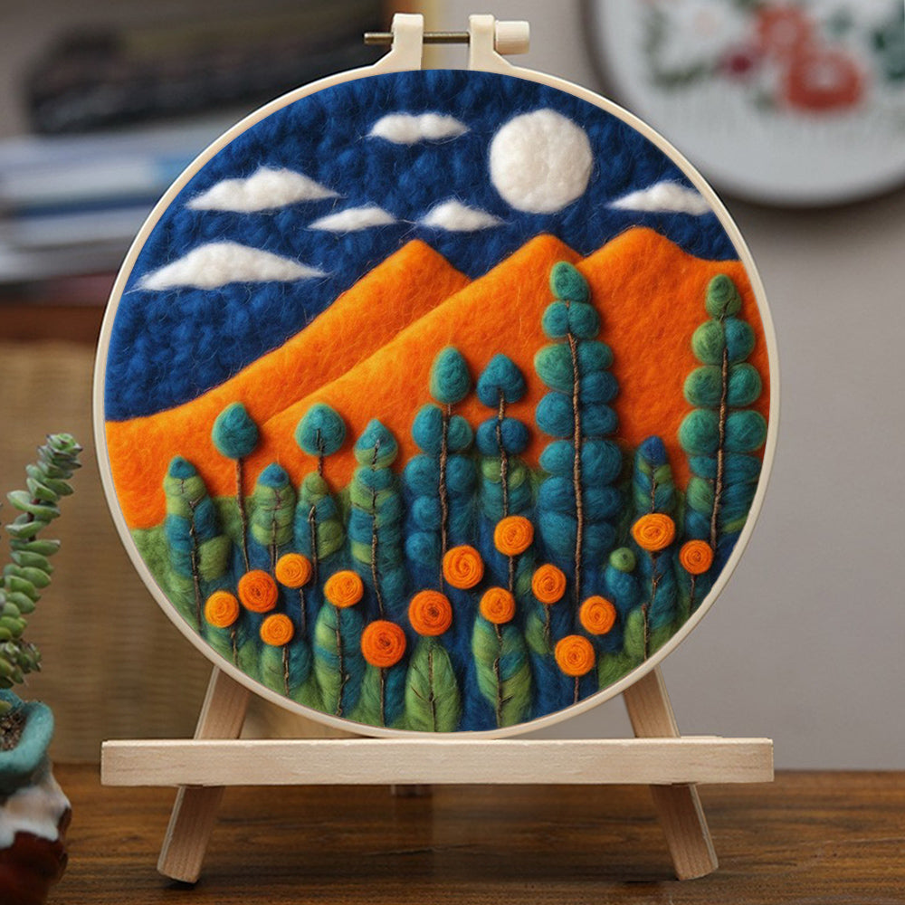 Orange Mountains and Green Plants Wool Needle Felting Painting Kit