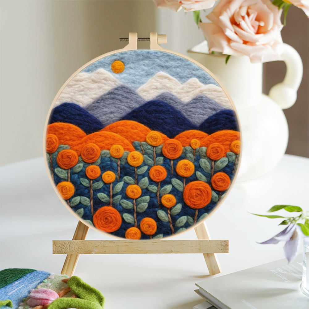 Mountains and Orange Flowers Wool Needle Felting Painting Kit