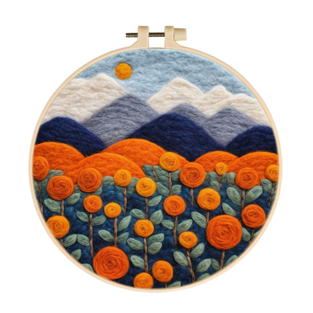 Mountains and Orange Flowers Wool Needle Felting Painting Kit