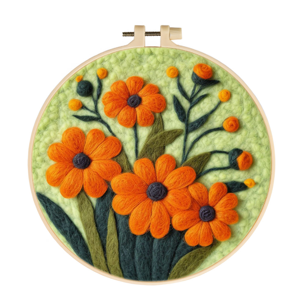 Orange Daisies Wool Needle Felting Painting Kit