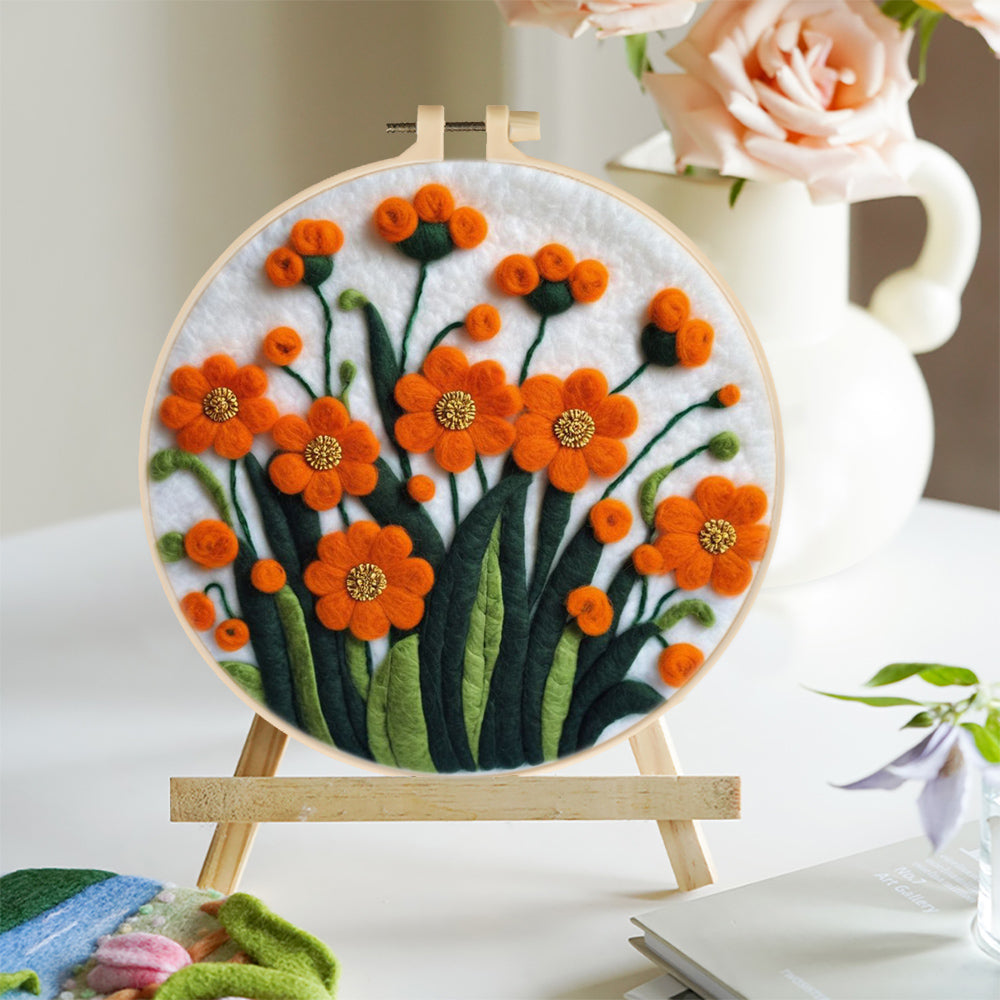 Orange Flowers with Golden Stamens Wool Needle Felting Painting Kit