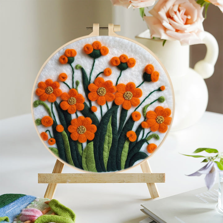 Orange Flowers with Golden Stamens Wool Needle Felting Painting Kit