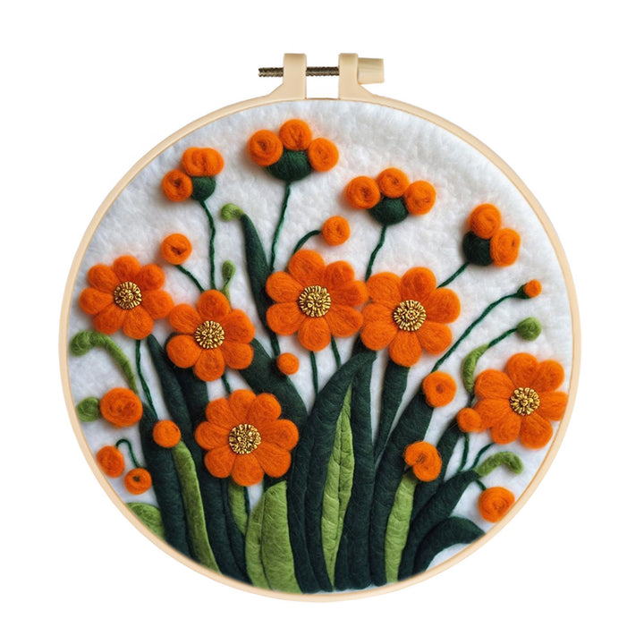 Orange Flowers with Golden Stamens Wool Needle Felting Painting Kit