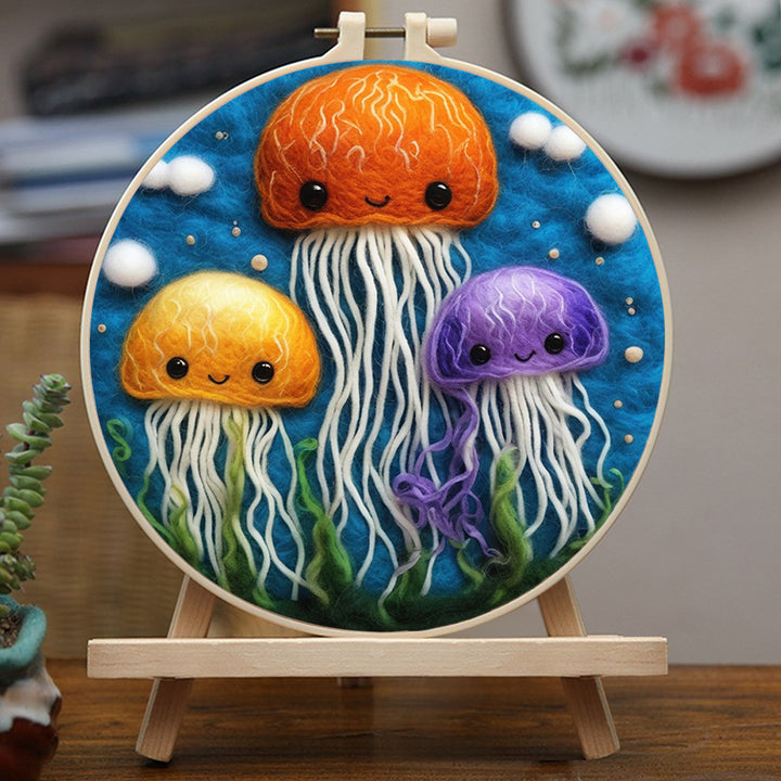 Colorful Jellyfish Floating in Sea Wool Needle Felting Painting Kit