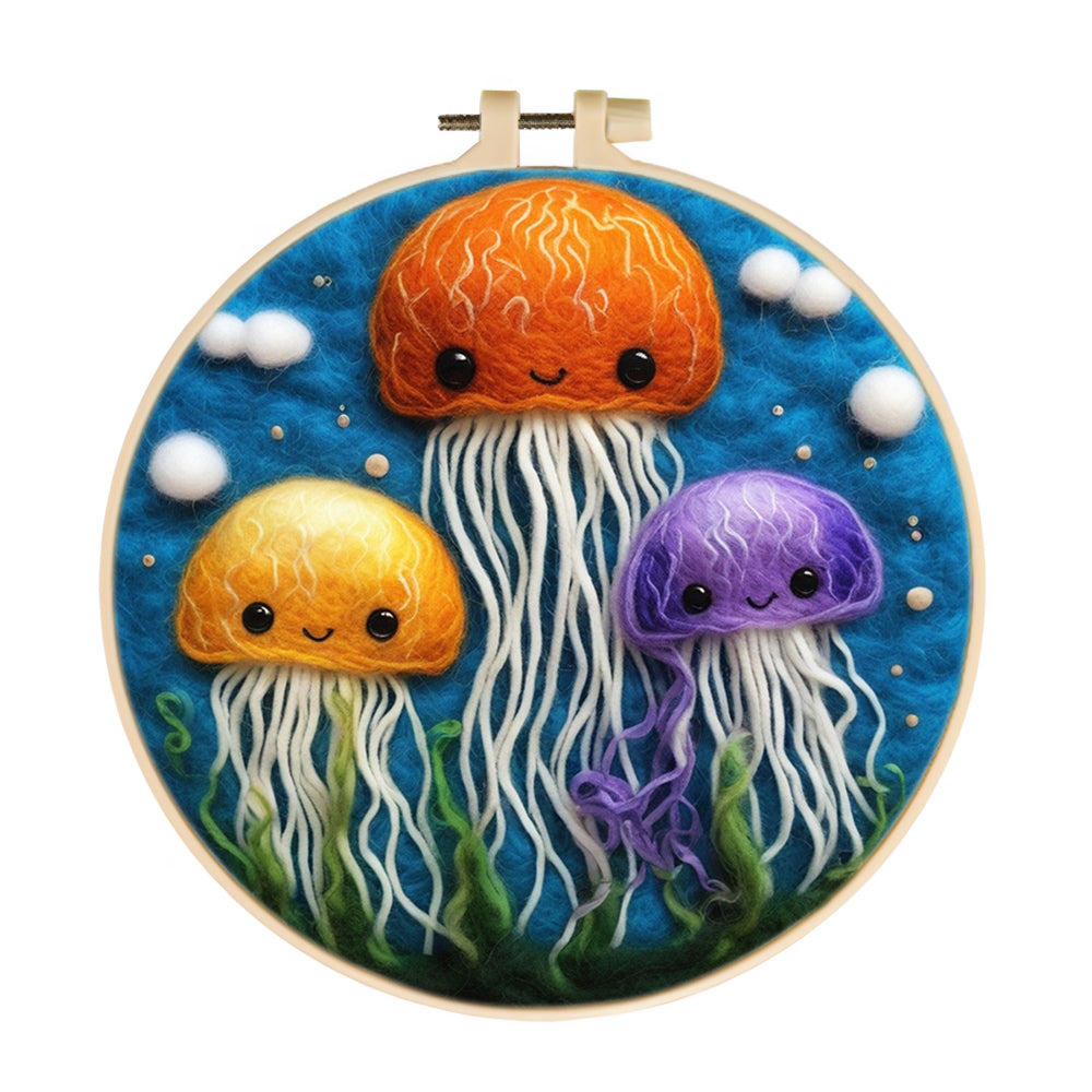 Colorful Jellyfish Floating in Sea Wool Needle Felting Painting Kit