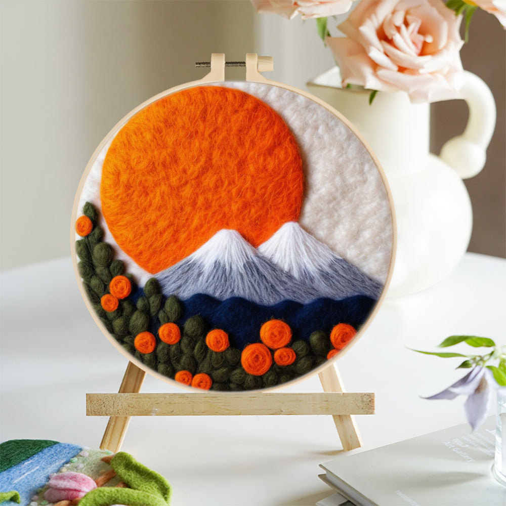 Snow-Capped Mountains, Red Sun, and Flowers Wool Needle Felting Painting Kit