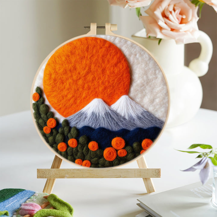 Snow-Capped Mountains, Red Sun, and Flowers Wool Needle Felting Painting Kit
