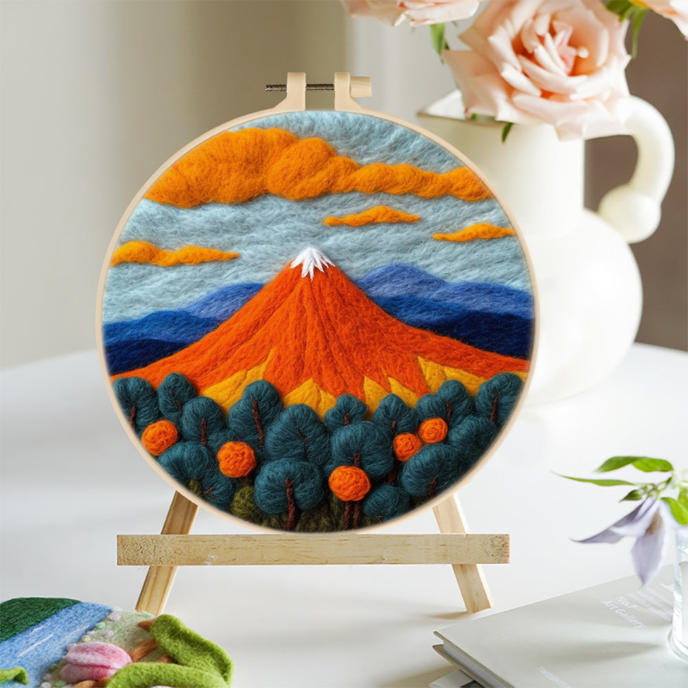 Orange Mountain and Green Trees Wool Needle Felting Painting Kit