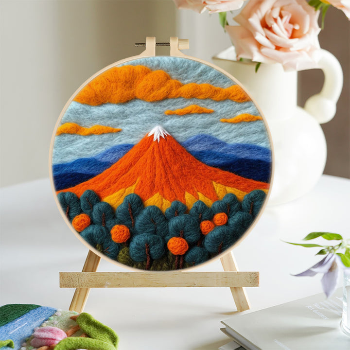 Orange Mountain and Green Trees Wool Needle Felting Painting Kit