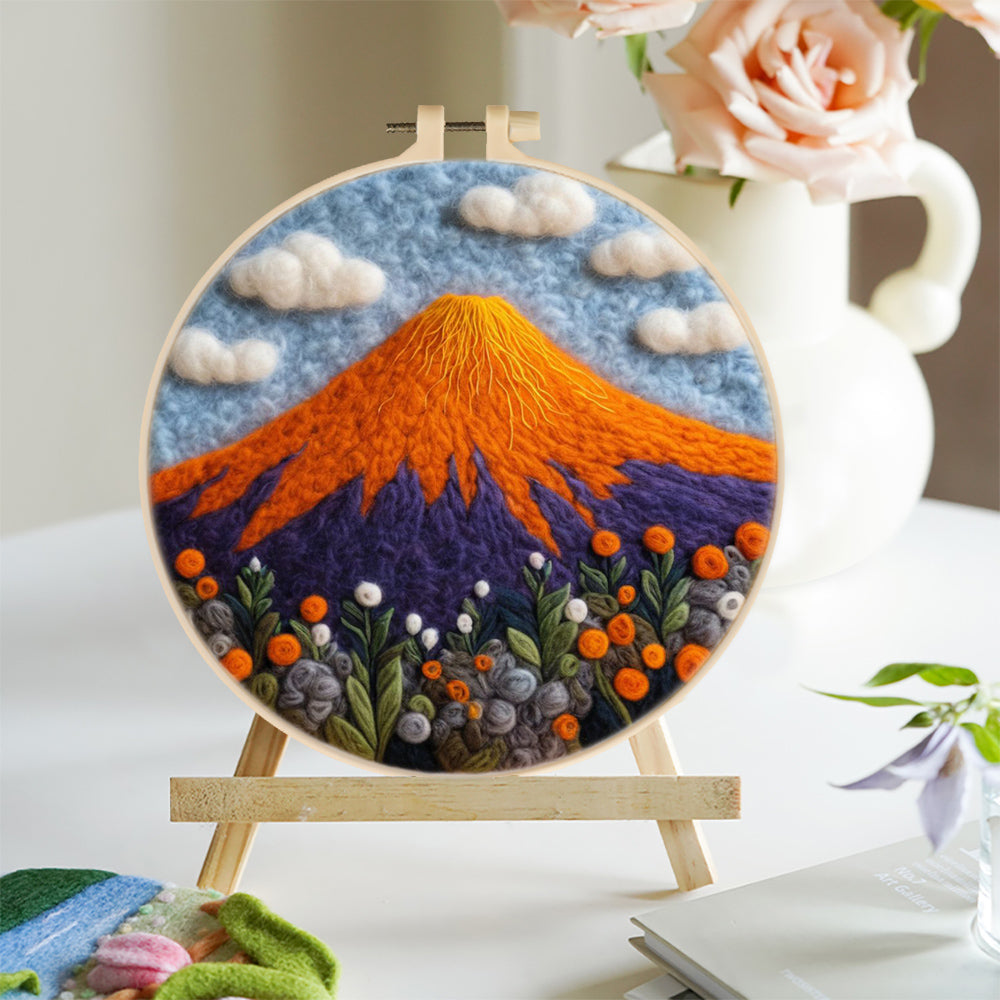 Volcano and Colorful Flowers Wool Needle Felting Painting Kit