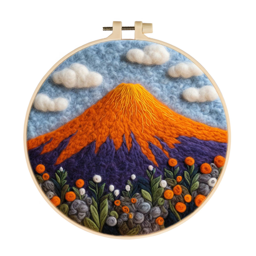 Volcano and Colorful Flowers Wool Needle Felting Painting Kit