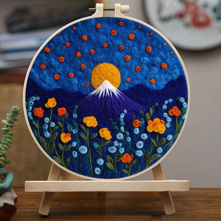 Mountain and Flowers under a Blue Night Sky Wool Needle Felting Painting Kit