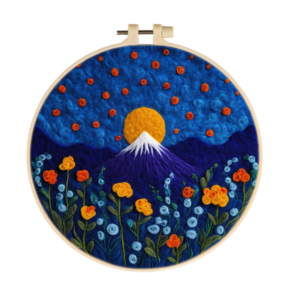 Mountain and Flowers under a Blue Night Sky Wool Needle Felting Painting Kit