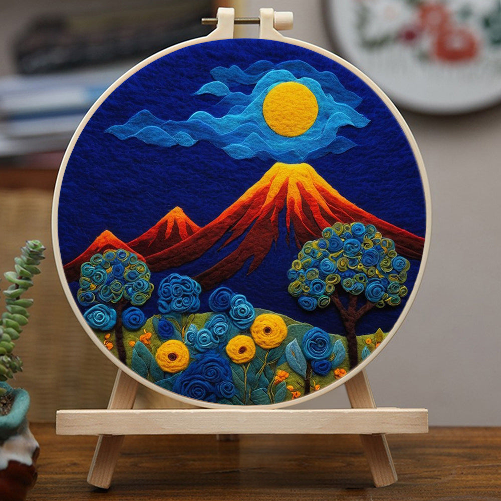 Volcano and Flowering Trees at Night Wool Needle Felting Painting Kit
