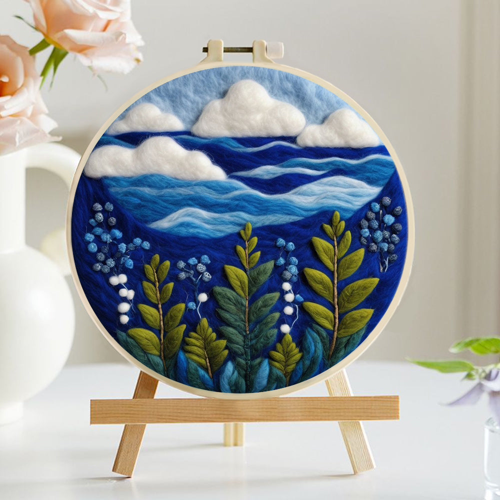 Blue Sea, White Clouds and Green Plants Wool Needle Felting Painting Kit