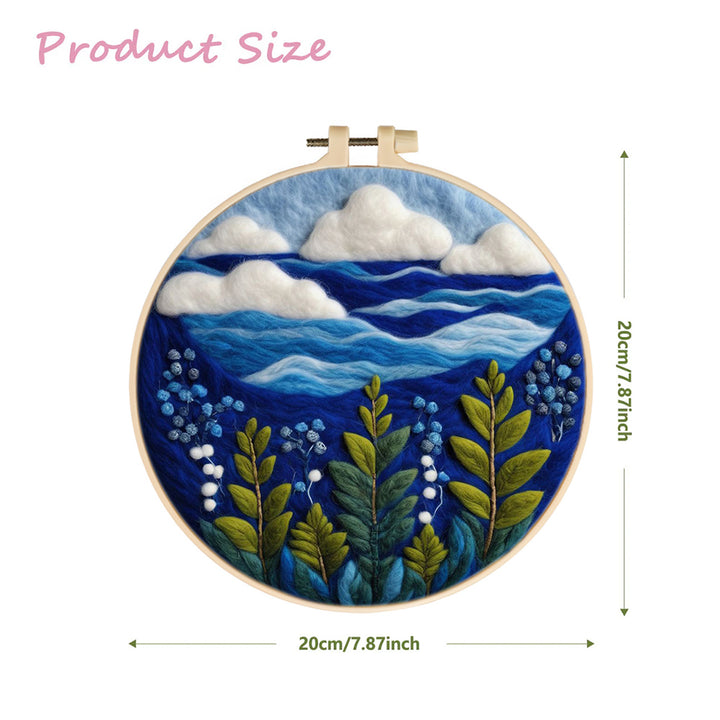 Blue Sea, White Clouds and Green Plants Wool Needle Felting Painting Kit