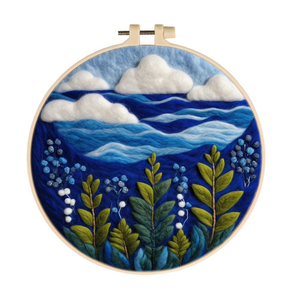 Blue Sea, White Clouds and Green Plants Wool Needle Felting Painting Kit