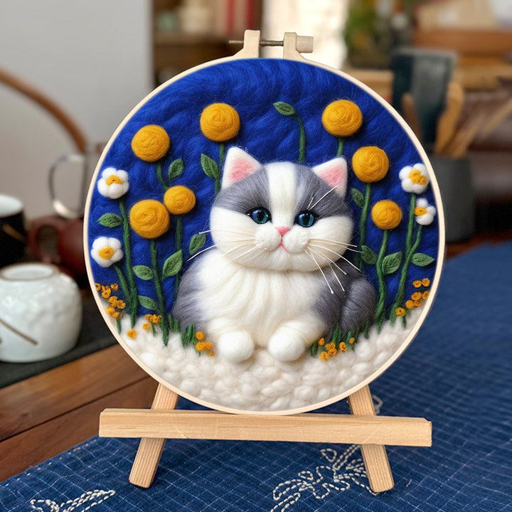 Cute Cat Sitting among Flowers Wool Needle Felting Painting Kit