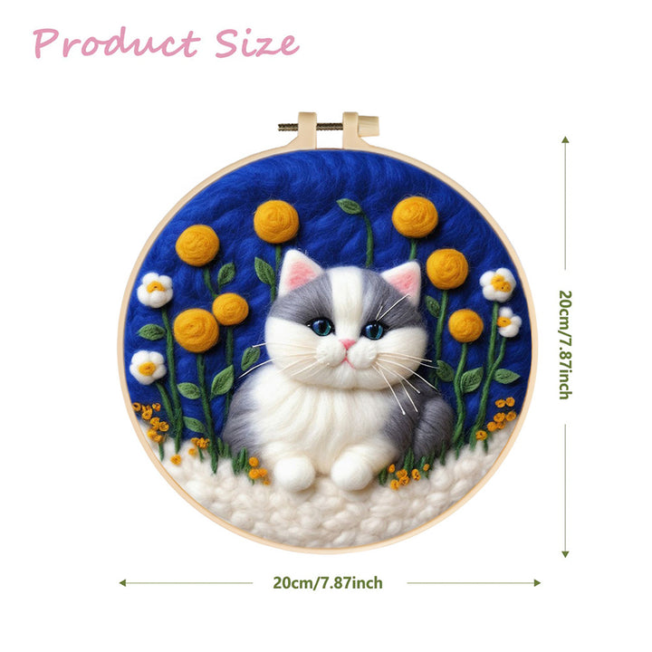 Cute Cat Sitting among Flowers Wool Needle Felting Painting Kit