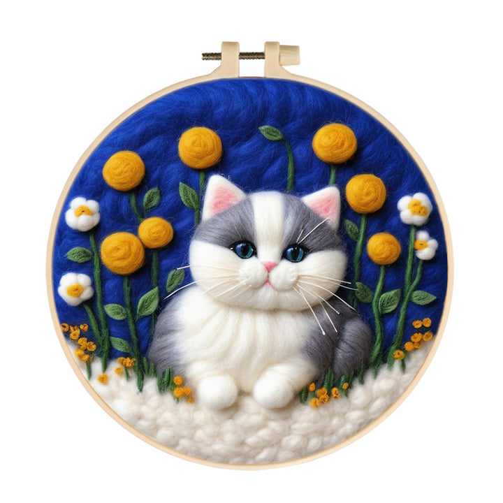 Cute Cat Sitting among Flowers Wool Needle Felting Painting Kit