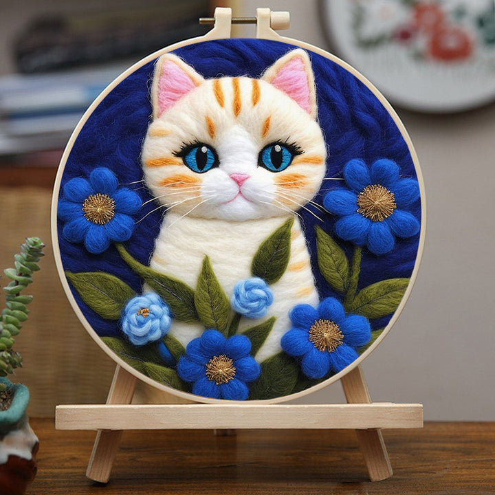 Kitten Nestled Among Blue Blooms Wool Needle Felting Painting Kit