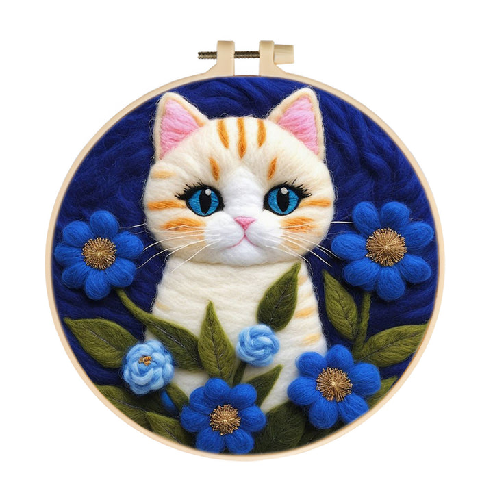 Kitten Nestled Among Blue Blooms Wool Needle Felting Painting Kit