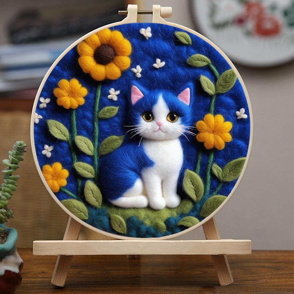 Blue Kitten Hidden Under Sunflowers Wool Needle Felting Painting Kit