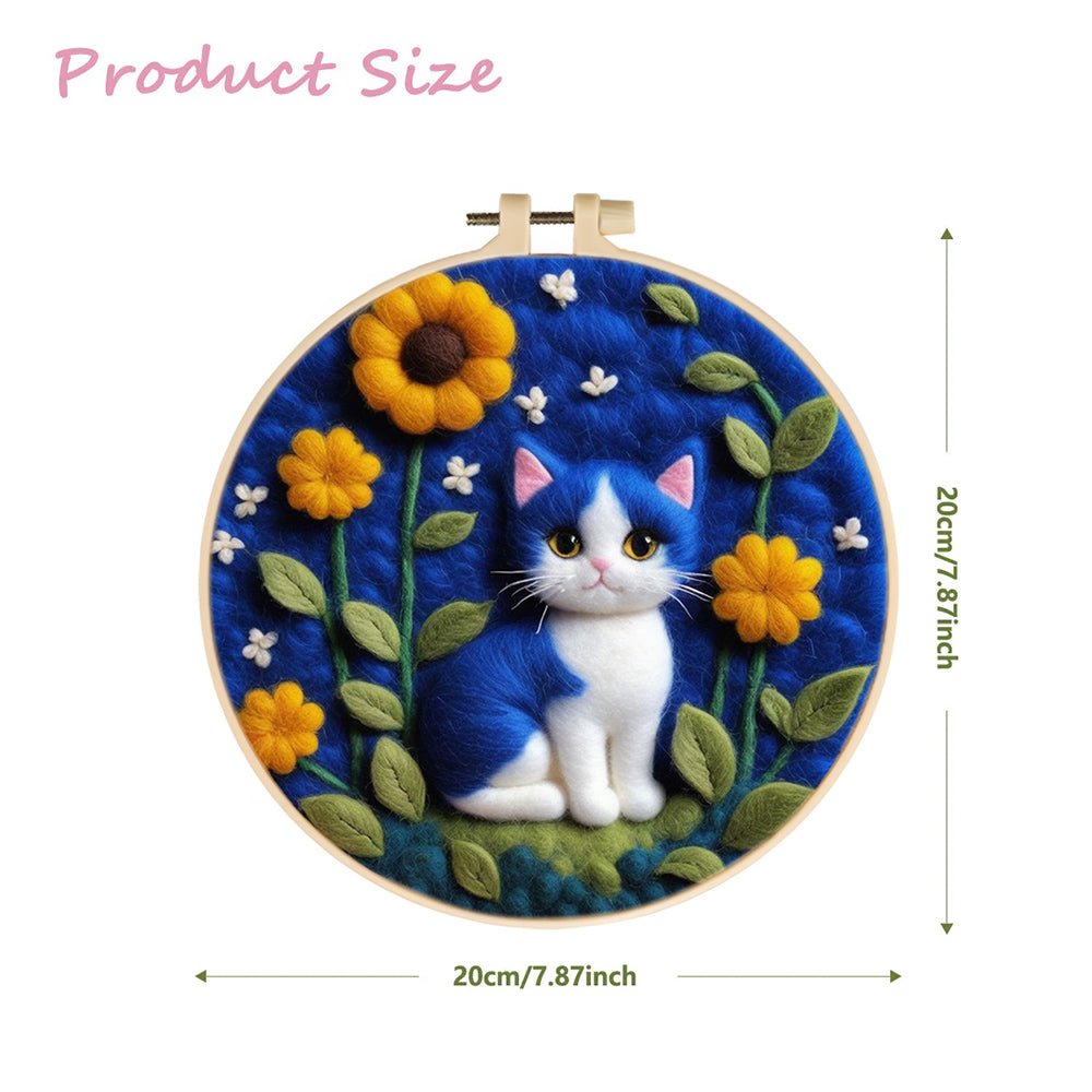 Blue Kitten Hidden Under Sunflowers Wool Needle Felting Painting Kit