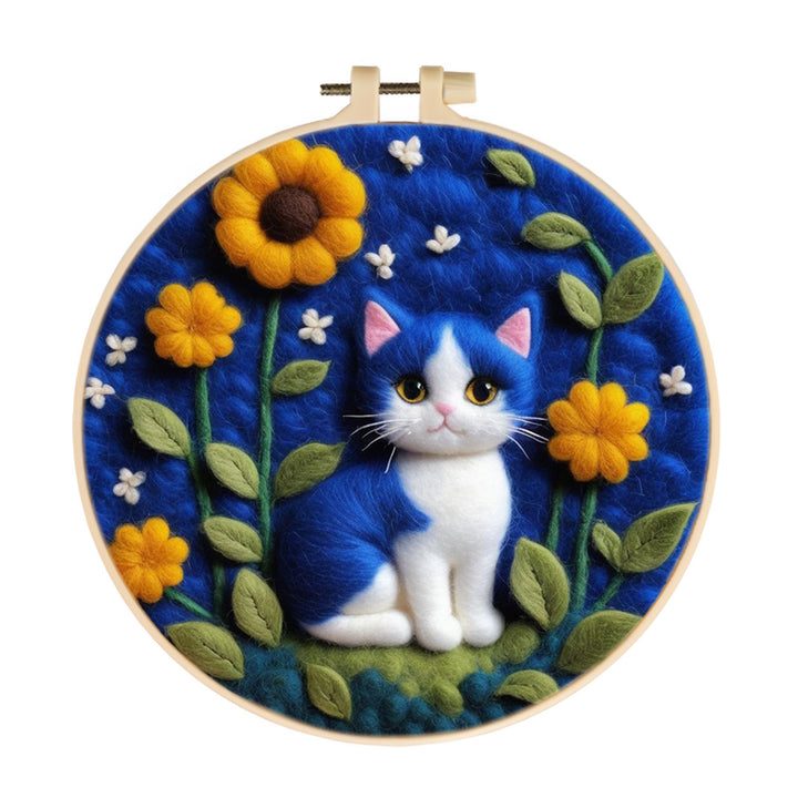 Blue Kitten Hidden Under Sunflowers Wool Needle Felting Painting Kit