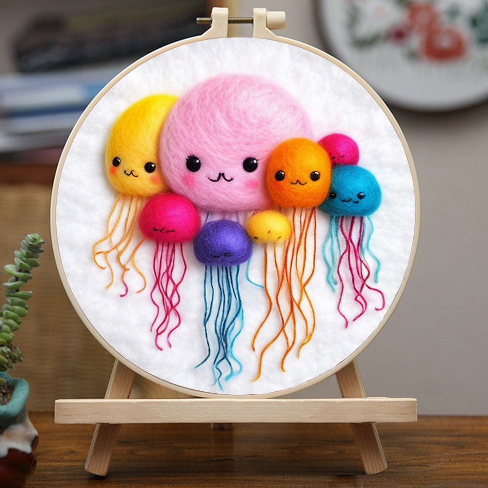 Smiling Jellyfish Float Together Wool Needle Felting Painting Kit