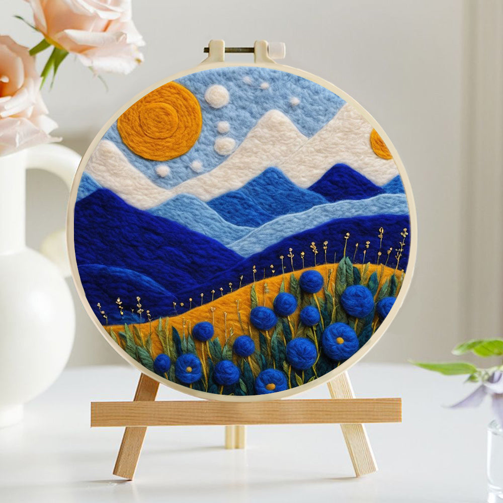 Blue Mountains and Flowers Wool Needle Felting Painting Kit