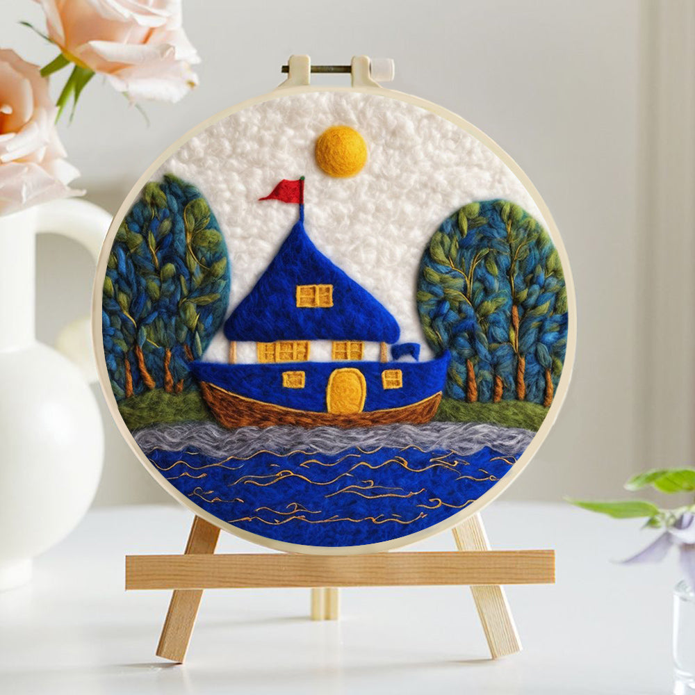 The School and Wooden Boat by the River Wool Needle Felting Painting Kit